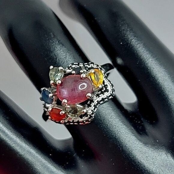 Unheated Natural Ruby 9×7 mm & Black‎ Spinel 925 Sterling Silver Ring Sz 6.5 - Picture 2 of 5